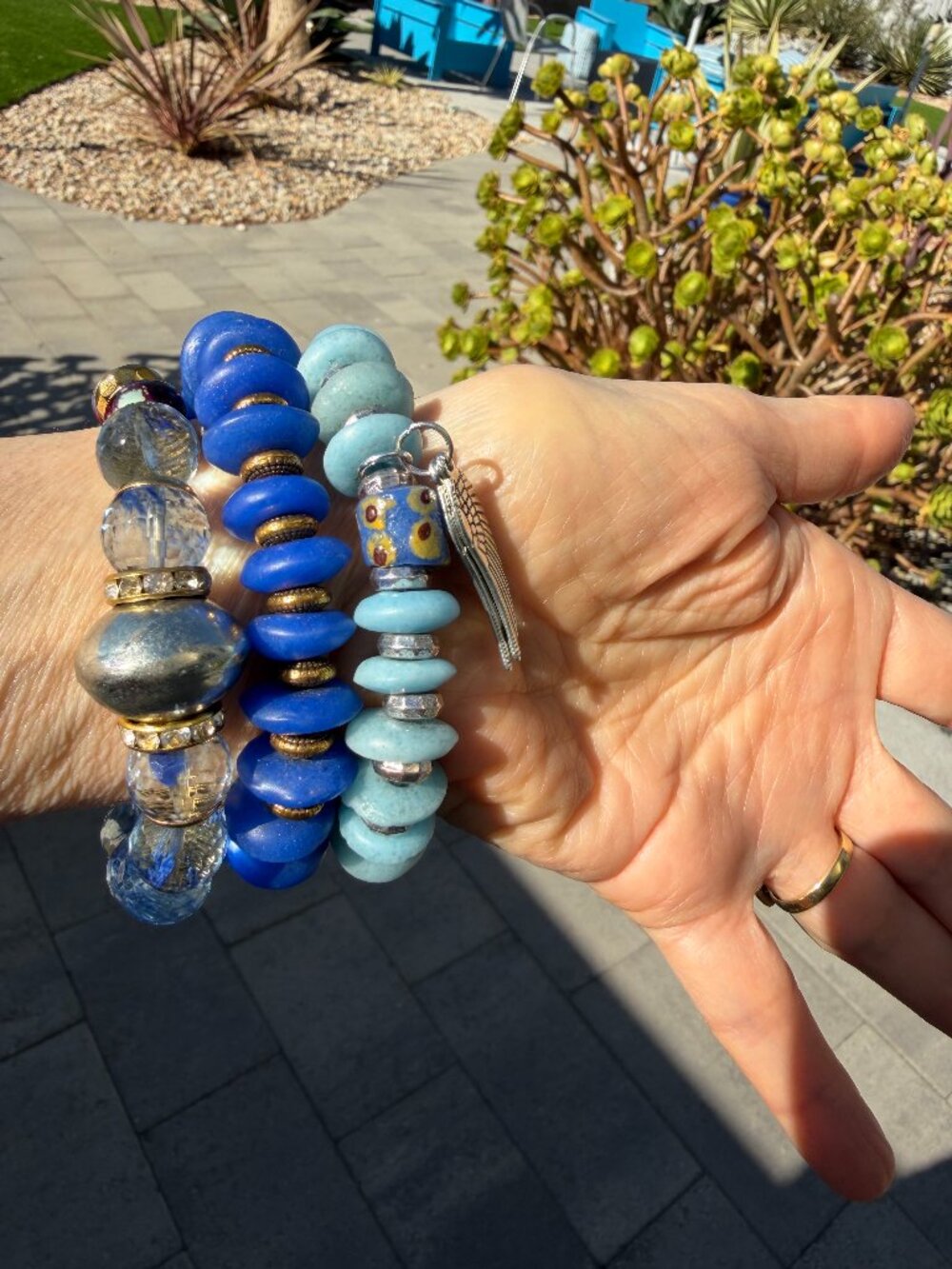 Chunky stack of 3 luscious blue beaded bracelets